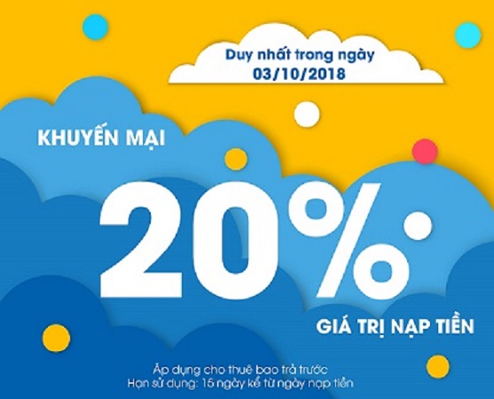 HOT: MobiFone khuyến mại 20% giá trị thẻ nạp ngày mai 3/10/2018