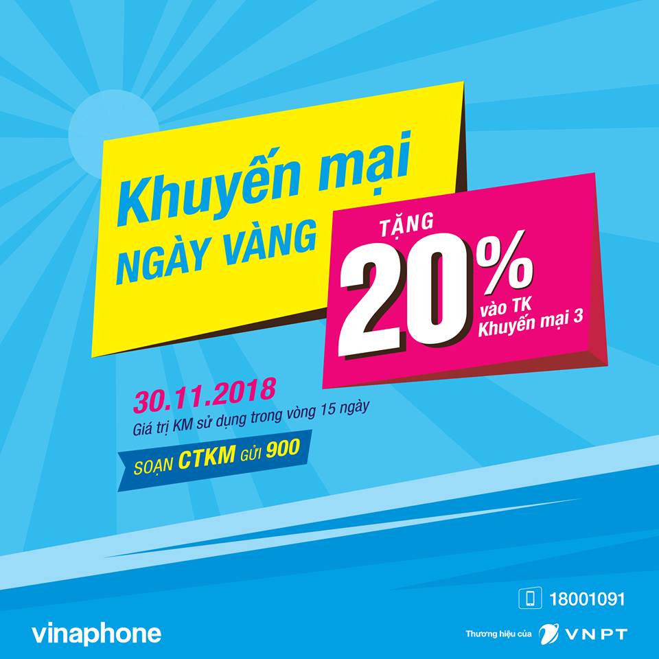 Vinaphone khuyến mãi 20% giá trị thẻ nạp ngày 30/11/2018