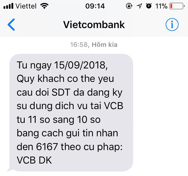đổi số điện thoại SMS Banking Vietcombank từ 11 số về 10 số
