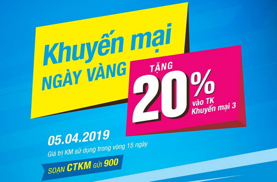 Vinaphone khuyến mãi 20% thẻ nạp ngày 5/4/2019